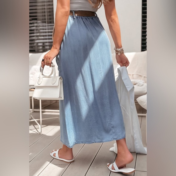 Elastic Waist Flowy Tencel Denim Maxi Skirt A Line Button Ruffle Cargo Long Jean - Picture 8 of 9